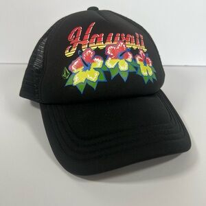 Hawaii Hat Cap Volcom Mesh-Back Trucker Style SnapBack Adjustable Flowers Black